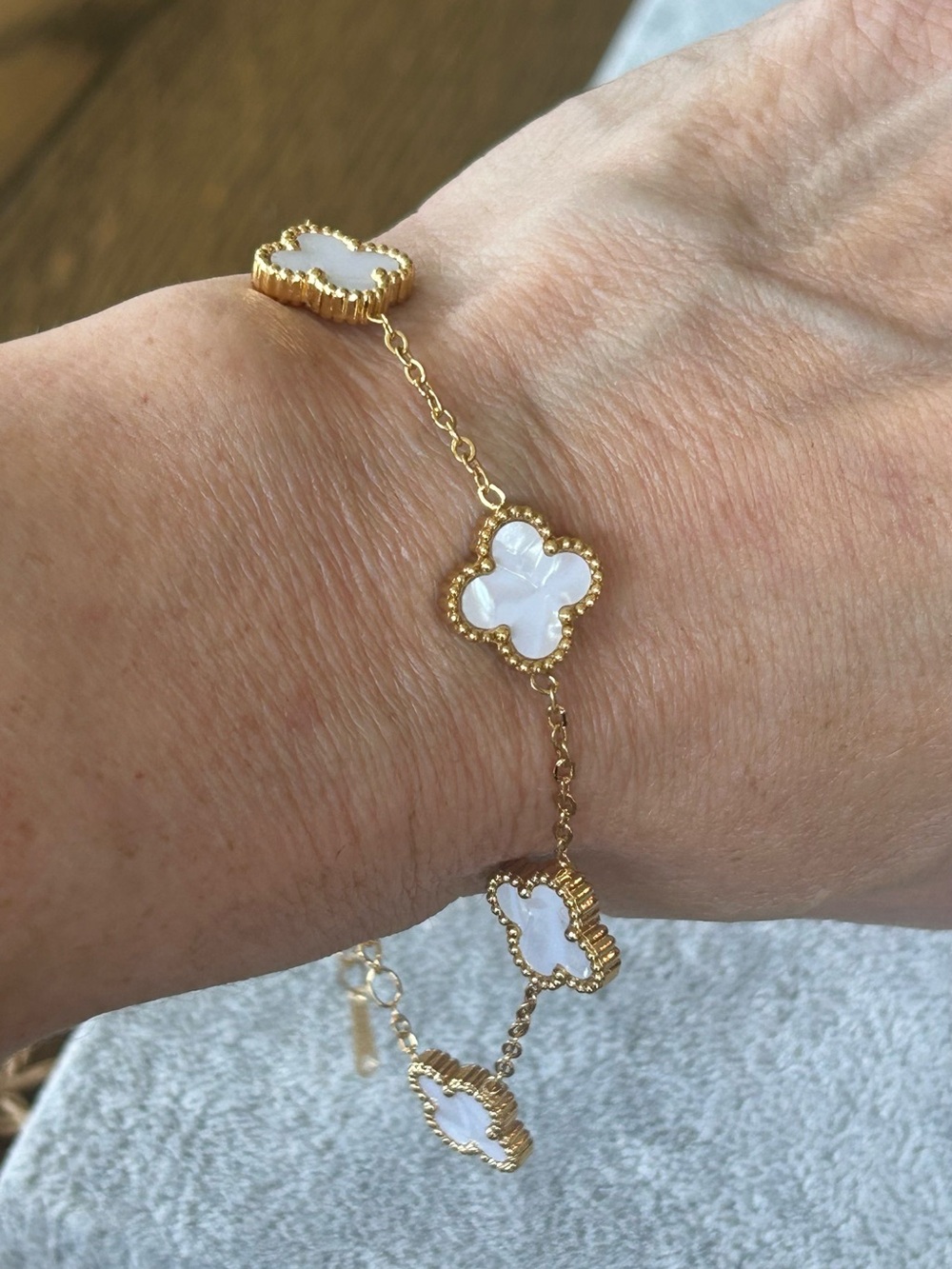 14k gold plated stainless steel and White Clover Link Bracelet